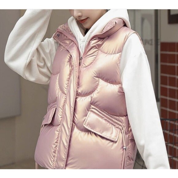 Women Padded Quilted Vest Size XXL Bright Pink High Neck Full Zipper Adjustable - Picture 2 of 7